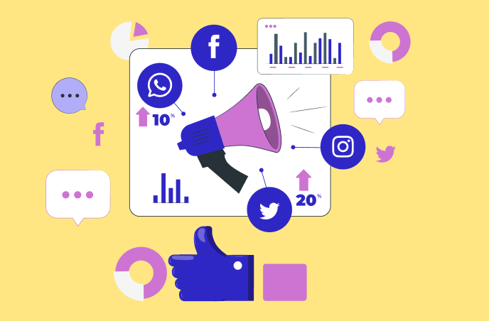Illustration of social media icons, graphs, and a megaphone, representing Digitup’s digital marketing services across SEO, ads, and social platforms