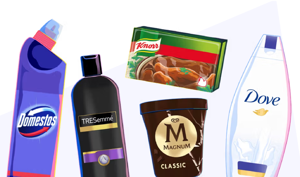 Digitupの56時間以内のコスト効率プロジェクトに登場するUnileverブランド(Domestos、TRESemmé、Knorr、Magnum、Dove)のイラスト