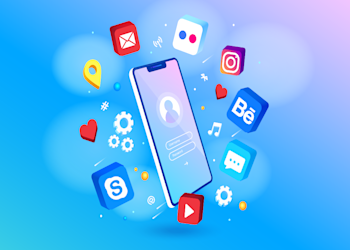 Illustration of a smartphone surrounded by icons of popular app features like chat, social media, music, and location