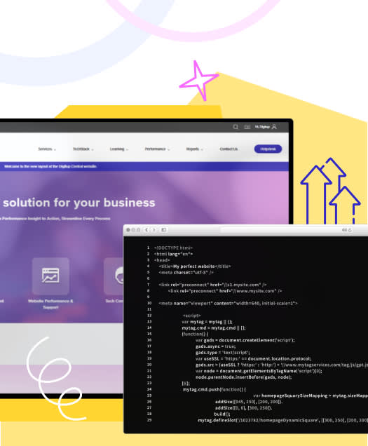 SaaS dashboard and HTML code snippet, symbolizing rapid deployment and scalable SaaS development