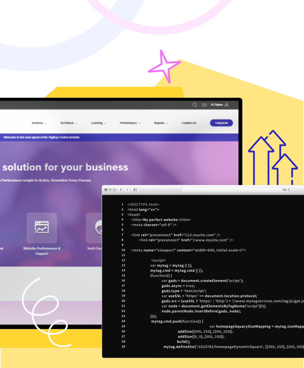 SaaS dashboard and HTML code snippet, symbolizing rapid deployment and scalable SaaS development