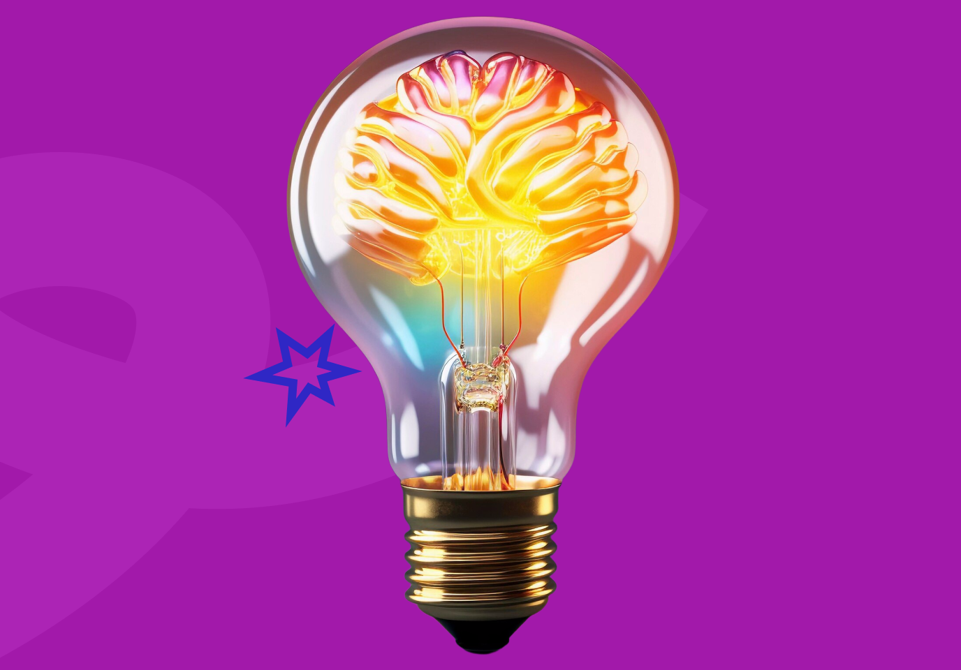 glowing lightbulb with a brain inside on a purple background, symbolizing innovation in web design, digital marketing, and SEO strategies.