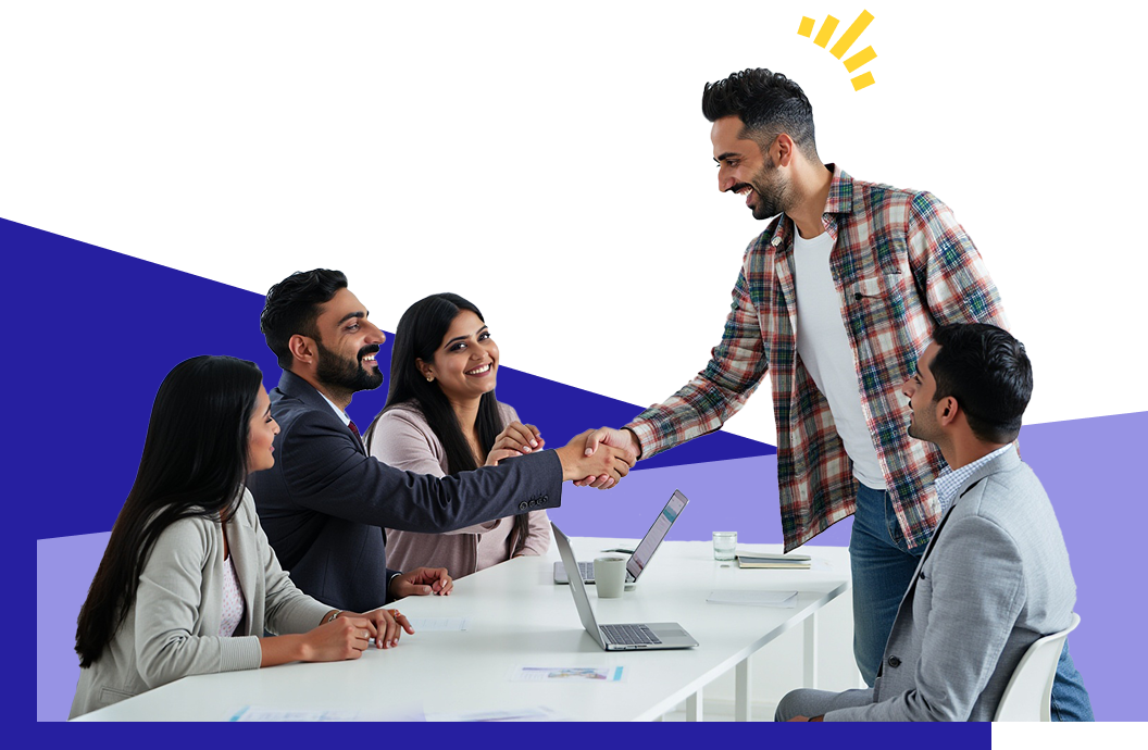 warmly welcoming a new member with a handshake, reflecting a people-first workplace culture