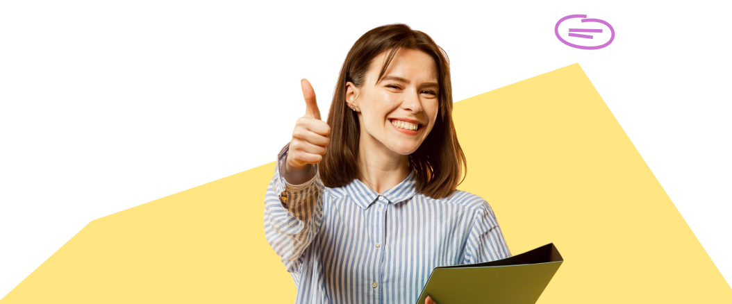 「Connect with us」という見出しの横で、親指を立ててフォルダーを持つ笑顔の女性。Digitupとのつながりを促す青と黄色の鮮やかな背景