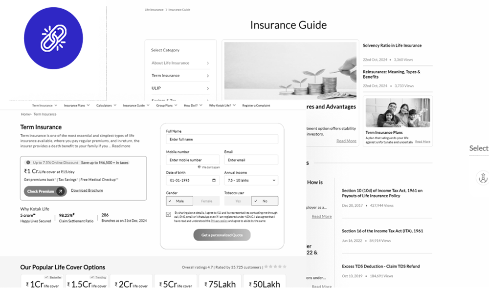 Visual representation of Digitup's machine learning-powered SEO audit featuring a life insurance website interface, showcasing structured data analysis and performance benchmarking for improved organic visibility