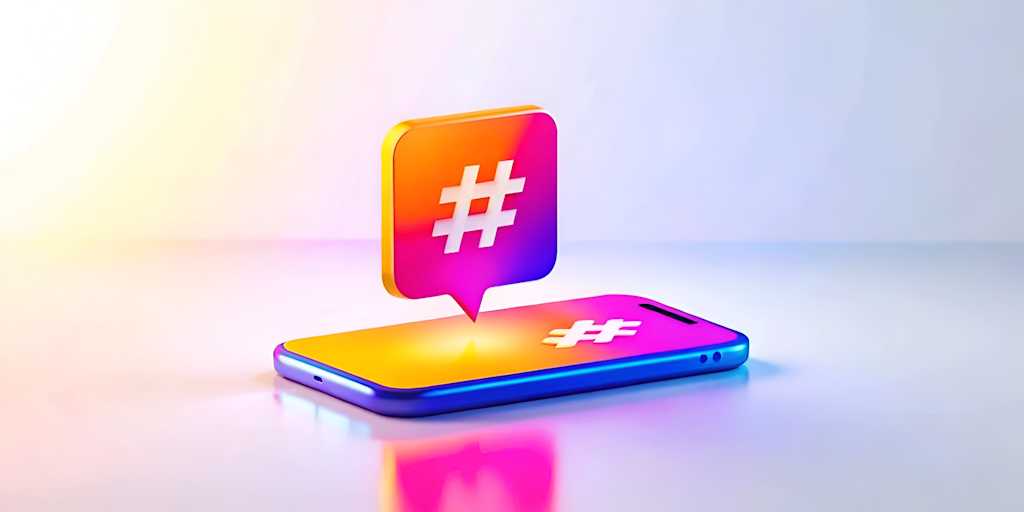 Colorful 3D hashtag icon above a smartphone, representing social media hashtags and digital engagement for a 2024 marketing guide