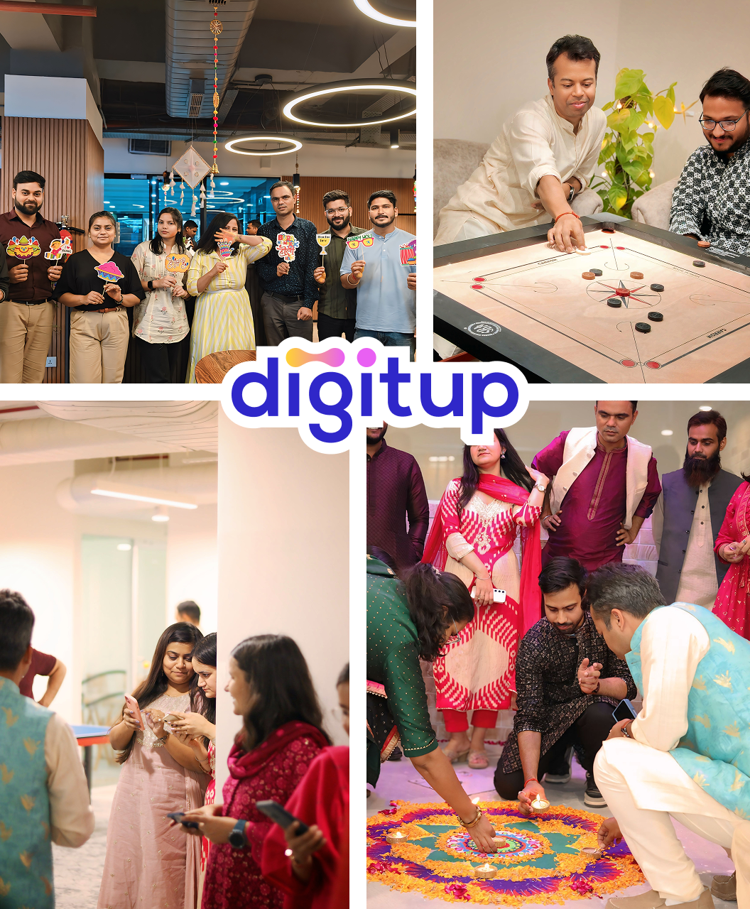 Team Digitup engaging in festive celebrations, games, and cultural activities, highlighting a fun and inclusive work environment