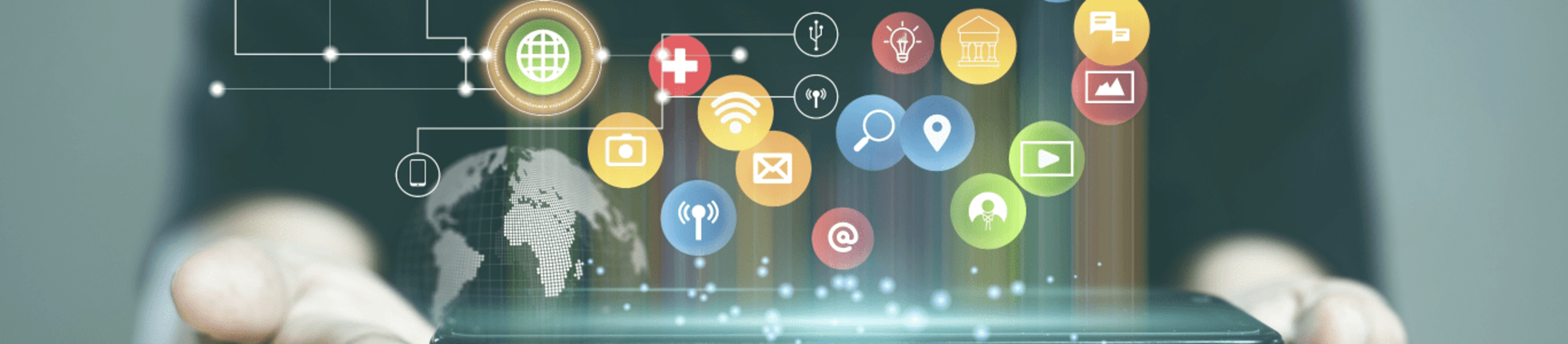Person holding a smartphone with floating digital app icons and global tech network graphics, symbolizing innovative mobile app ideas