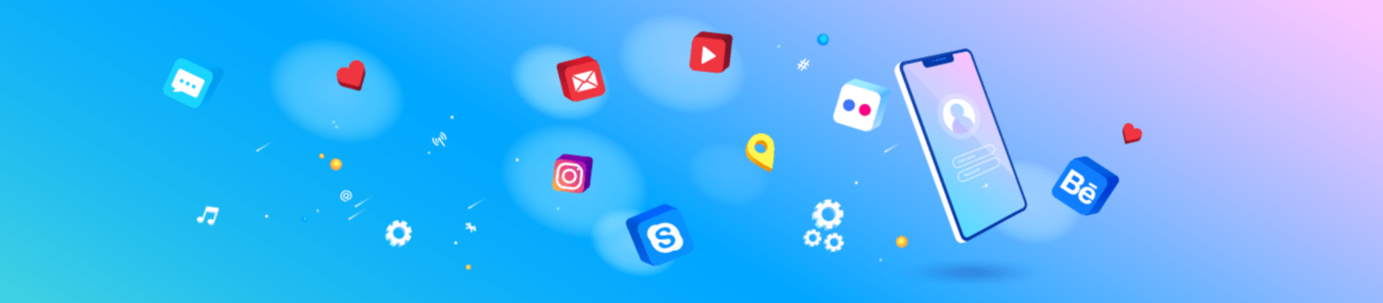 Illustration of a smartphone surrounded by icons of popular app features like chat, social media, music, and location