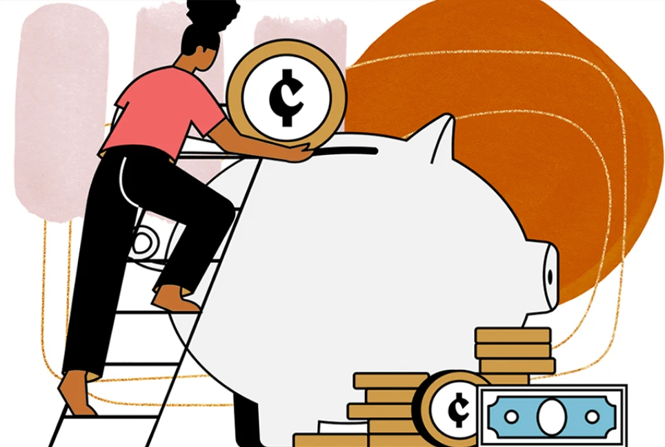 Illustrative image of a Black woman climbing a latter and dropping a coin into a piggy bank