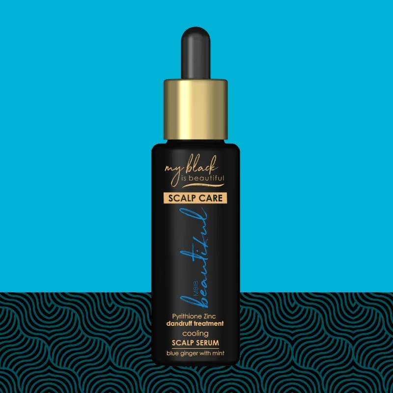 Blue Ginger Cooling Scalp Serum bottle with pattern in the background