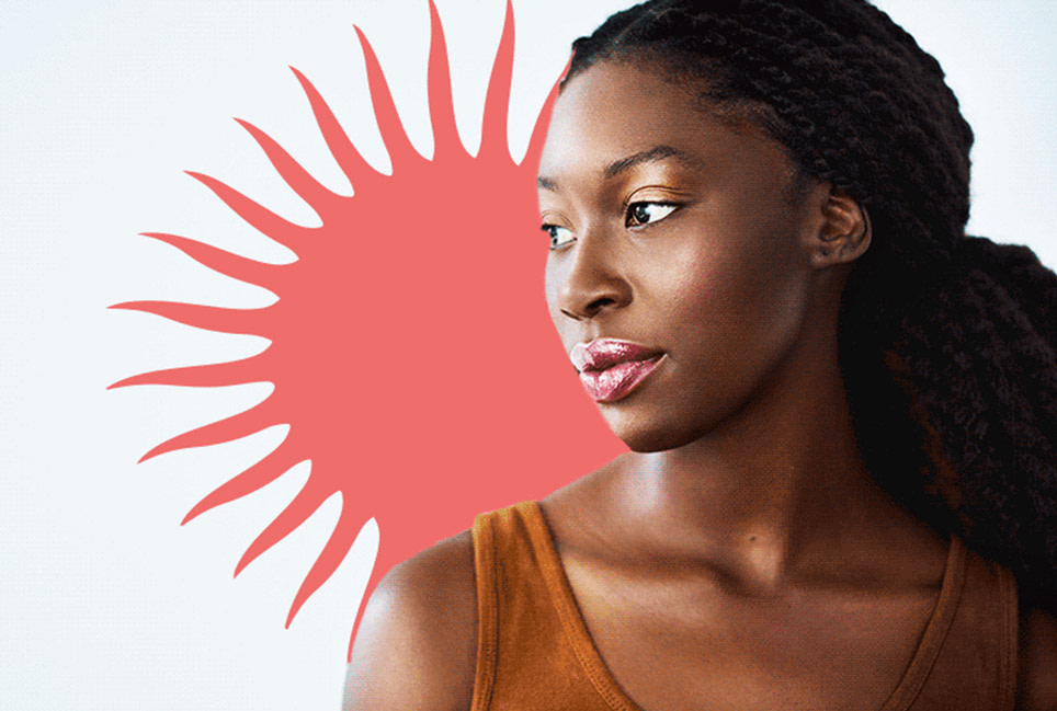 Woman looking out with gold circles and pink sun motif in the background