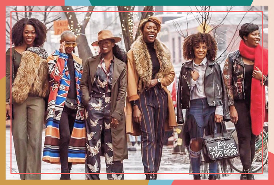 6 women walking and smiling on the street