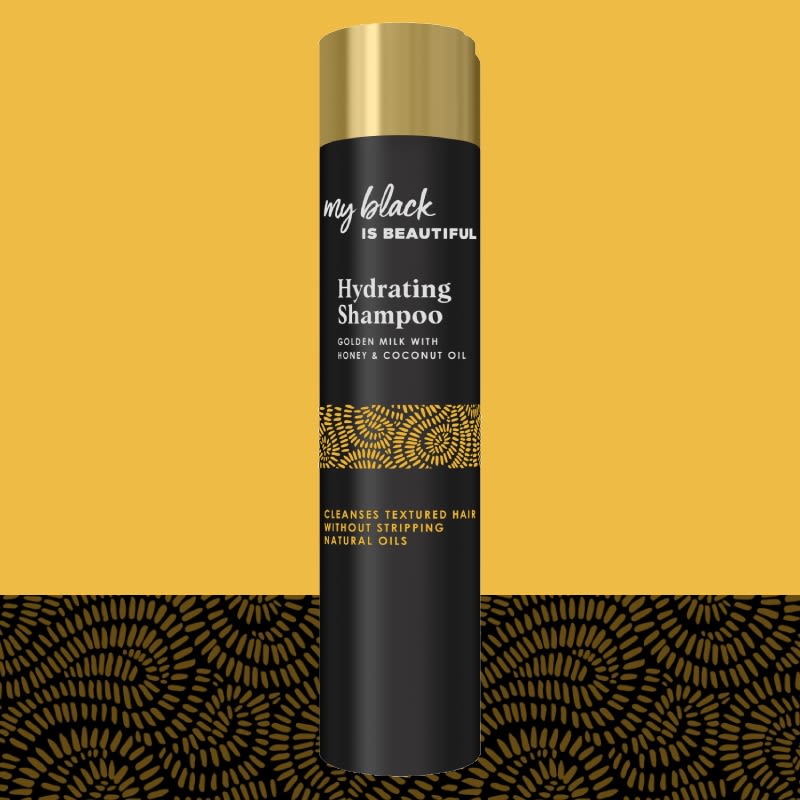 Golden Milk Hydrating Shampoo bottle with pattern in the background