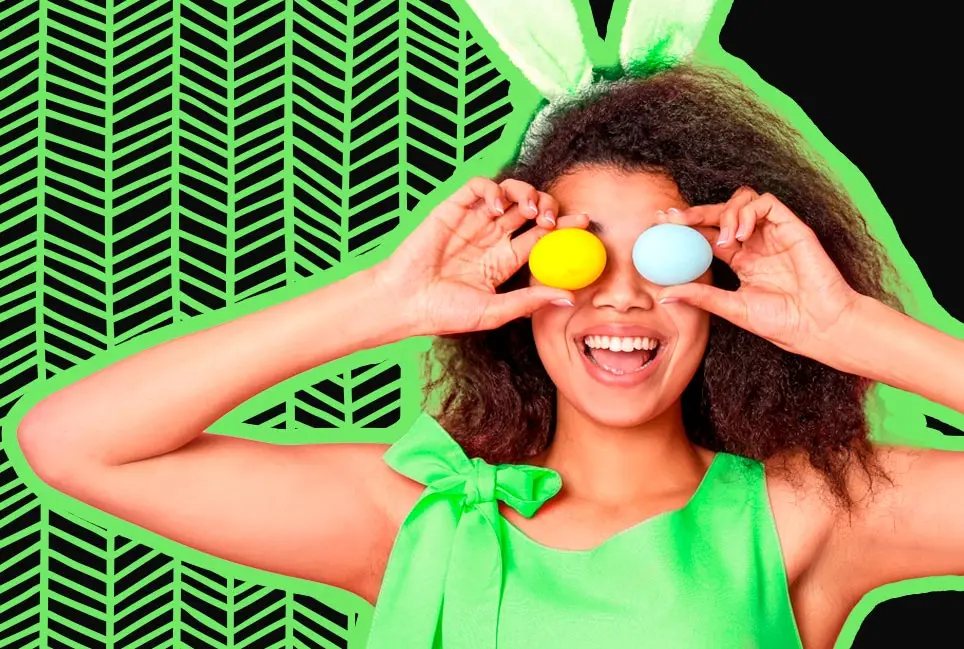 Woman with curly hair holding Easter eggs