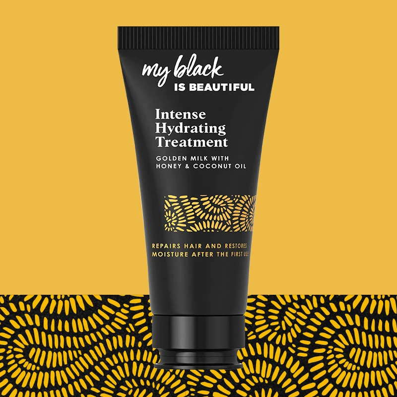 My Black is Beautiful Intense Hydrating Treatment bottle with a pattern in the background