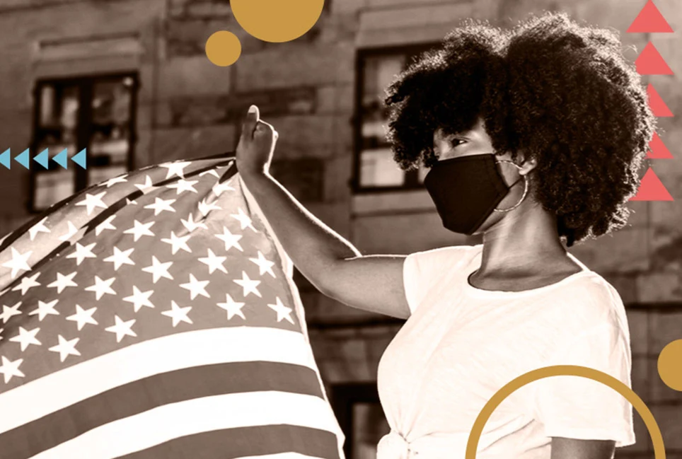 Black woman with mask holding the US flag