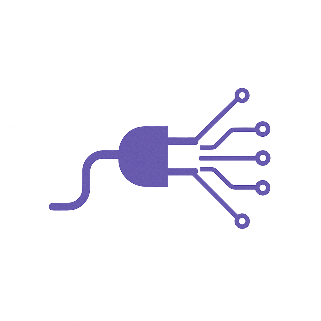 White background, purple plug icon connecting to m