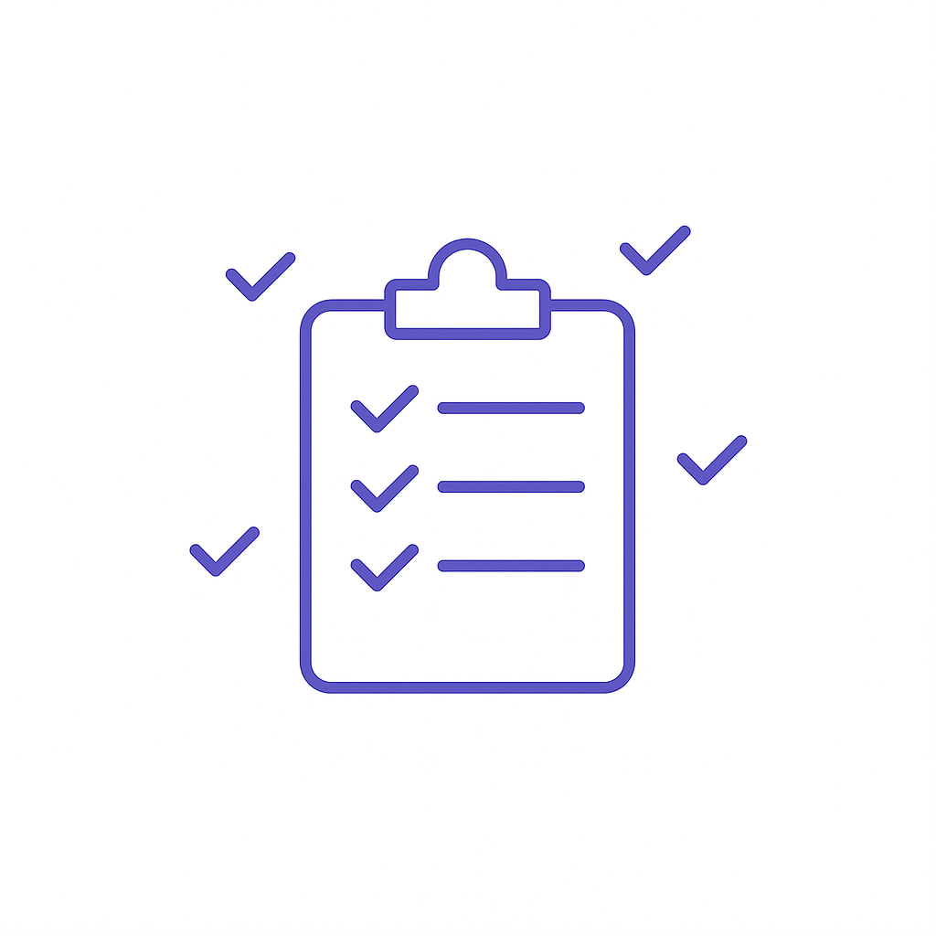 White background, purple clipboard with checkmarks