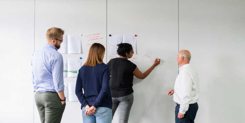 Image of business people workshopping on a white board 