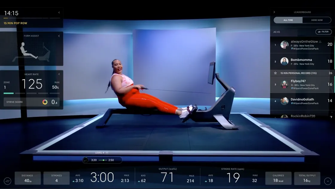 On-screen image of an instructor teaching a class with a user's stats at the bottom and side of the screen.
