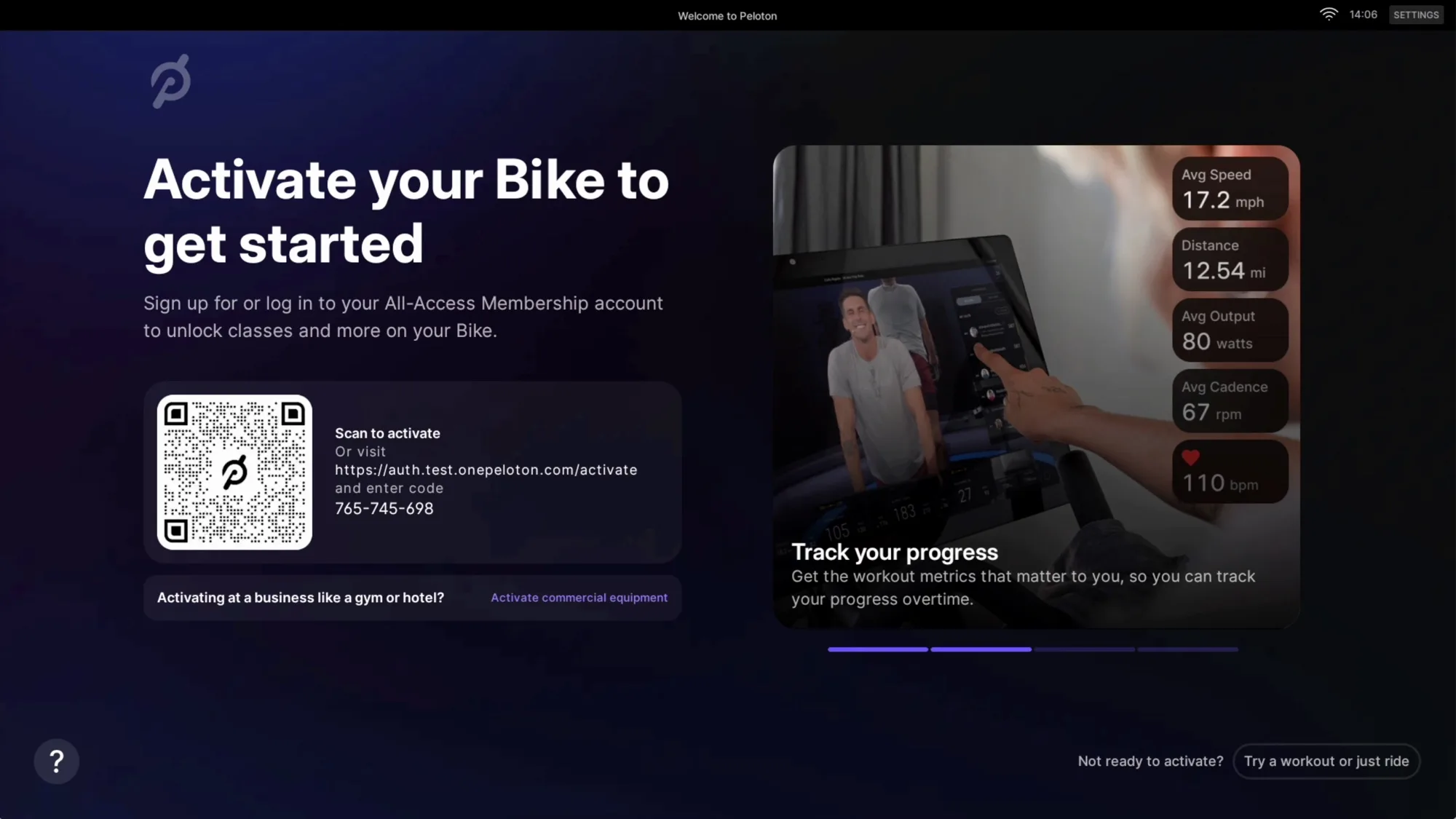 A screen displaying the steps to activate a Peloton commercial subscription