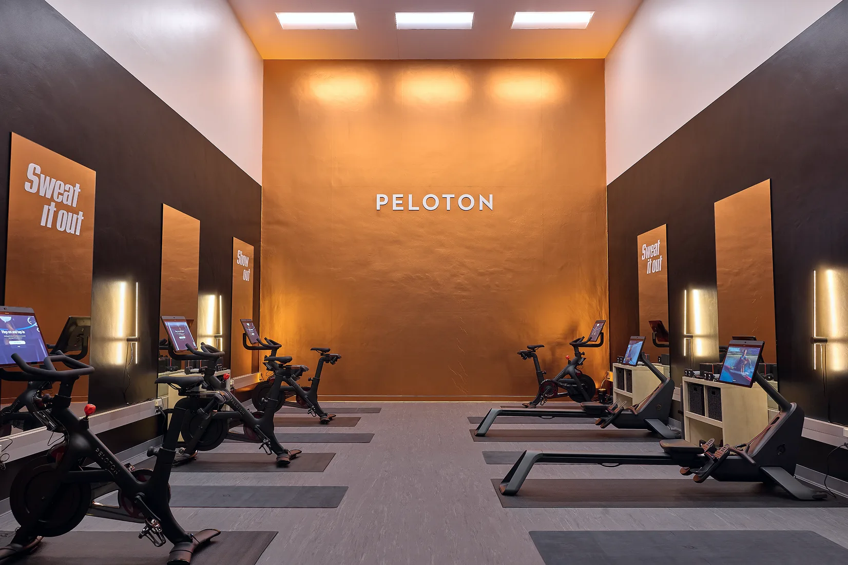 A Peloton branded gym space, featuring Peloton Row+ Pro and Peloton Bike+ Pro equipment