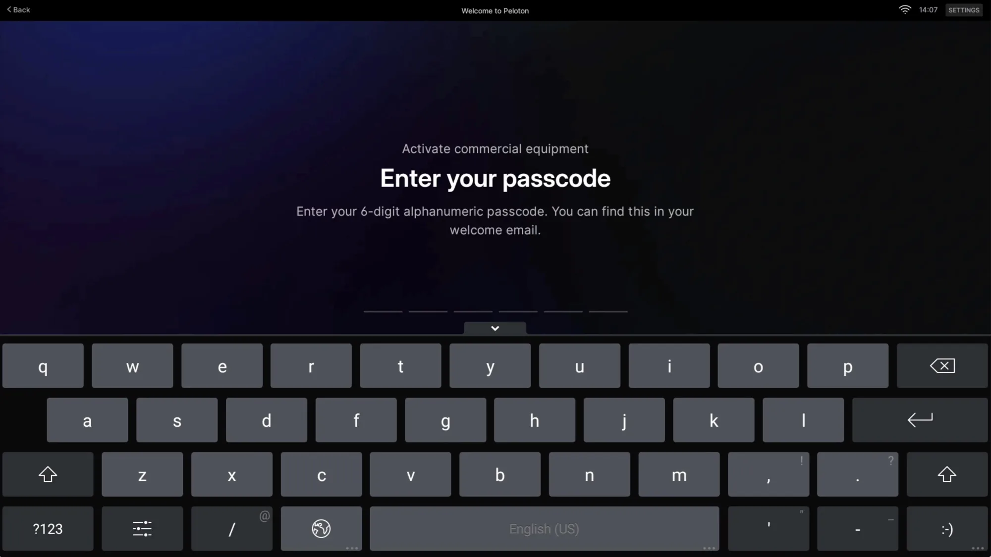 A screen displaying the steps to activate a Peloton commercial subscription