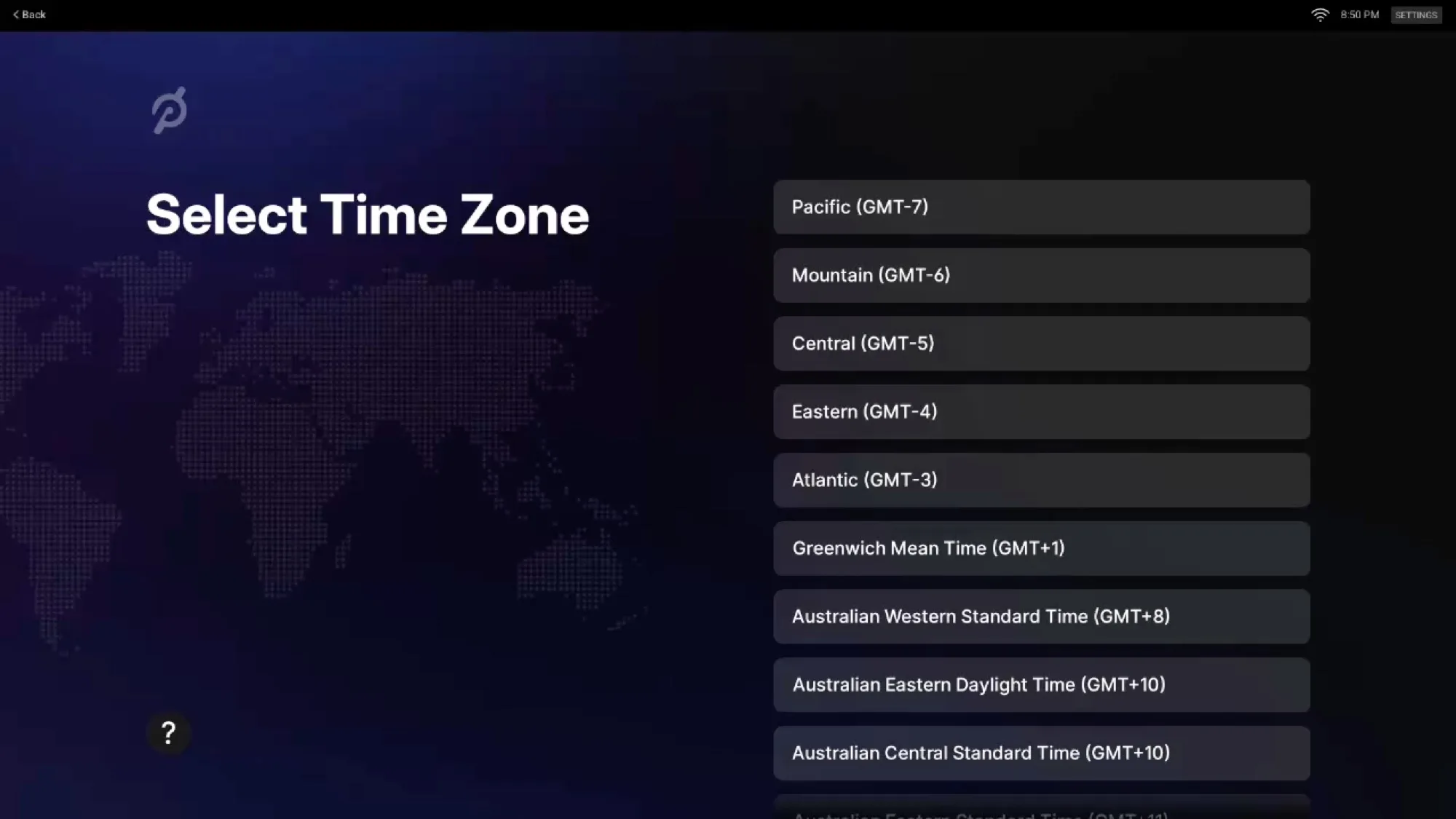 The timezone selection step during the software activation process.