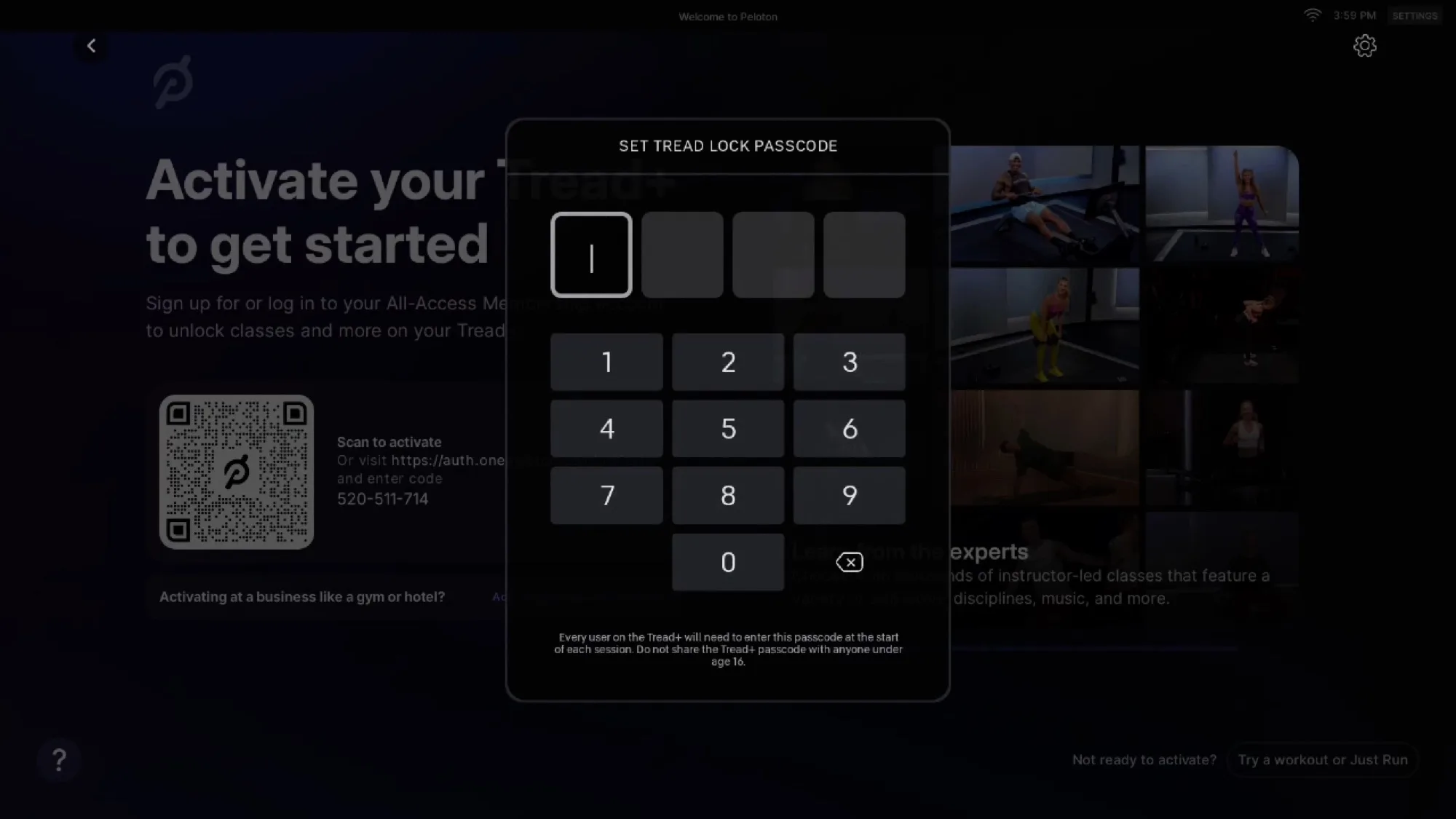 The lock code selection step during the Peloton Tread+ Pro software activation process.