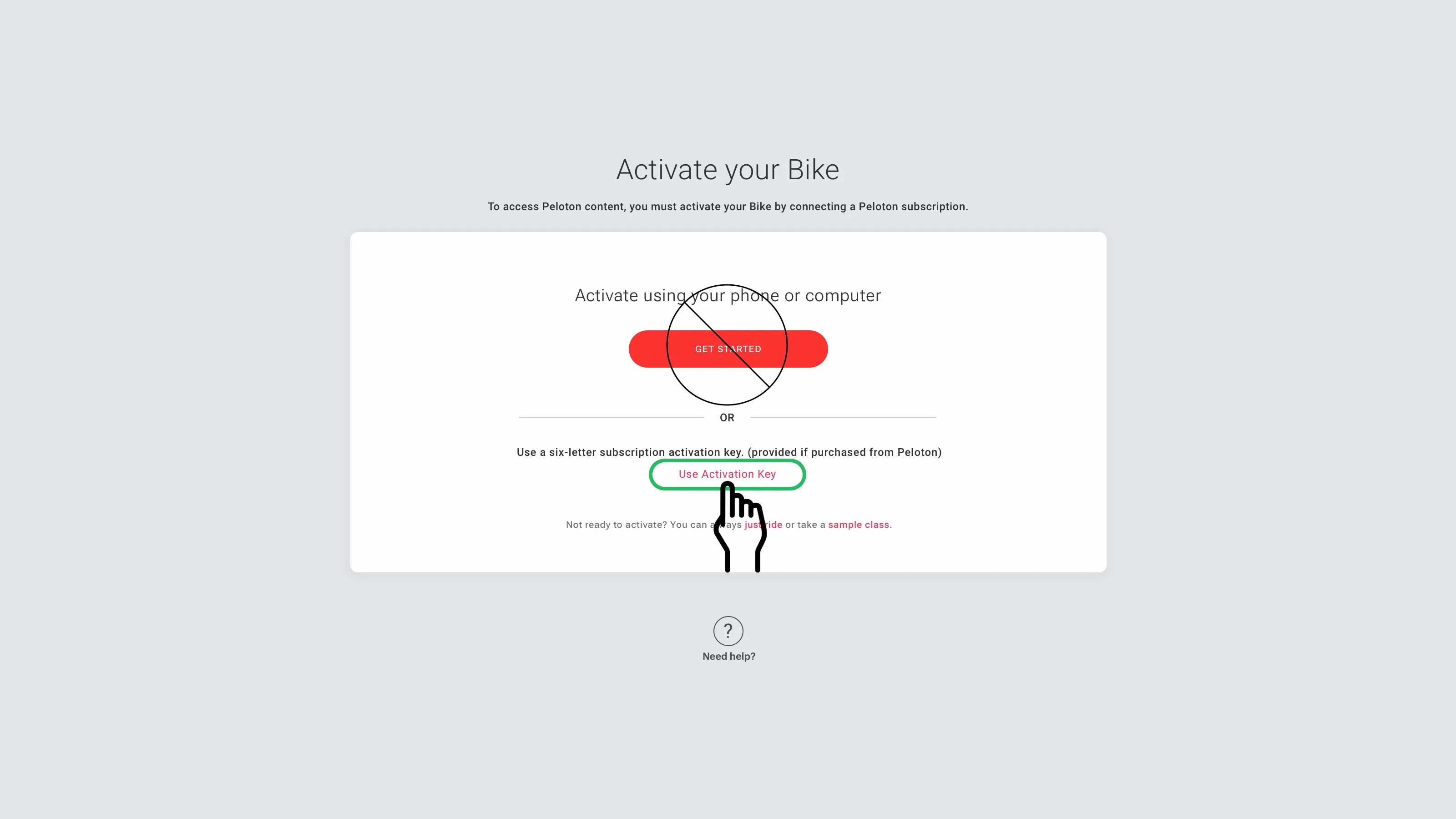 Bike activation screenshot. Step 1. Tap the "Use Activation Key" link.