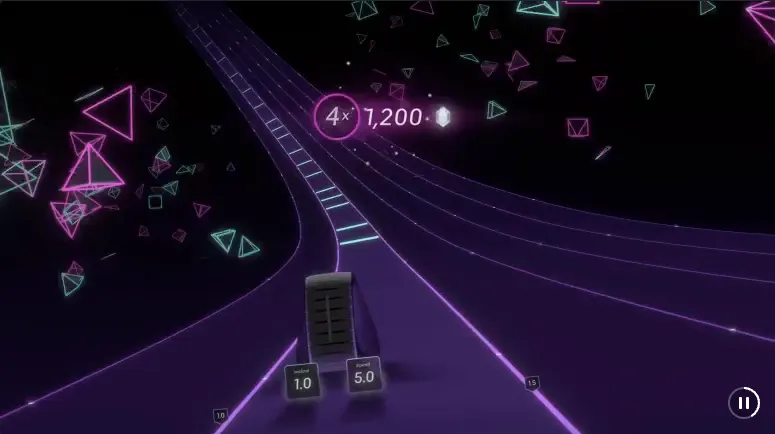 A screenshot of the Lanebreak game showing a glowing track on a dark background and user stats for cadence, output, and resistance.
