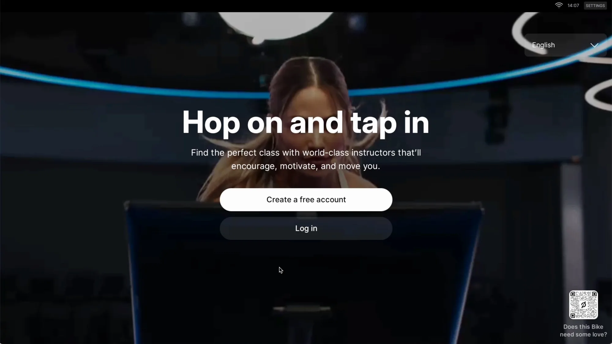 The stand by screen of a Peloton Bike with a commercial subscription
