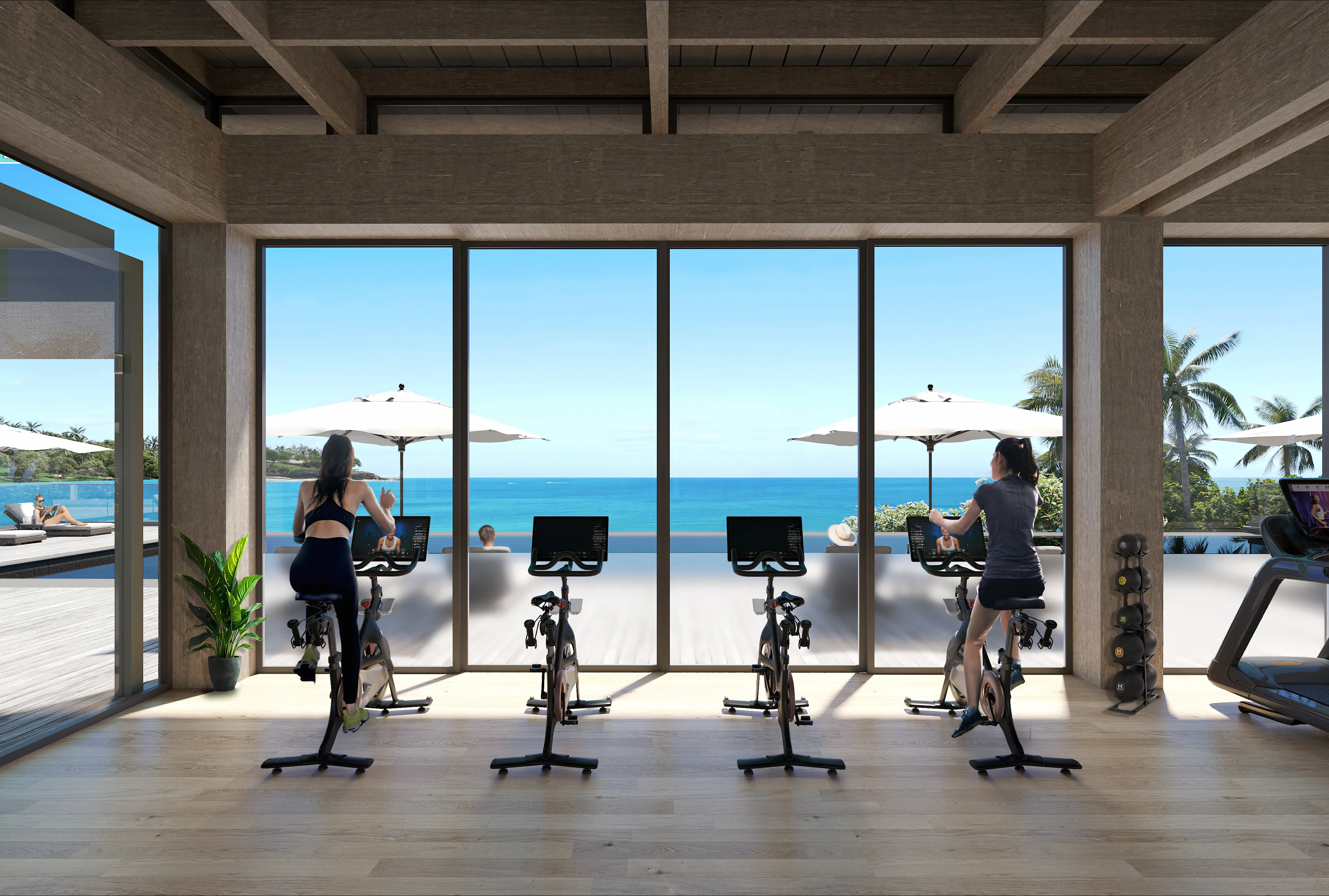 A mockup of the Mauna Kea Beach Hotel’s new fitness center and Peloton Bike area, currently under renovation