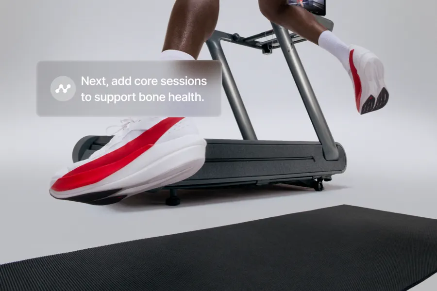 A person working out next to Tread+ Pro, shuffling their feet. An overlay says, "Next, add core sessions to support bone health."