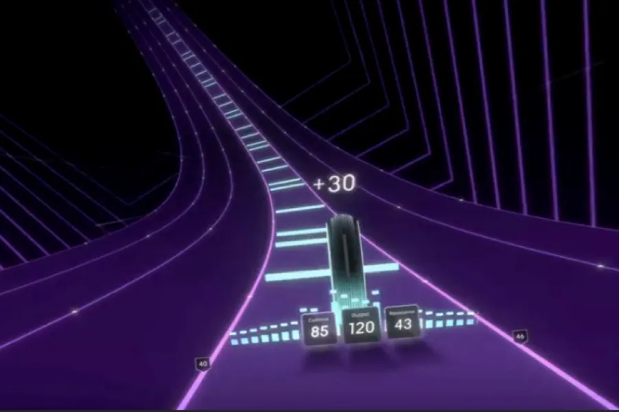 A screenshot of the Lanebreak game showing a glowing track on a dark background and user stats for cadence, output, and resistance.