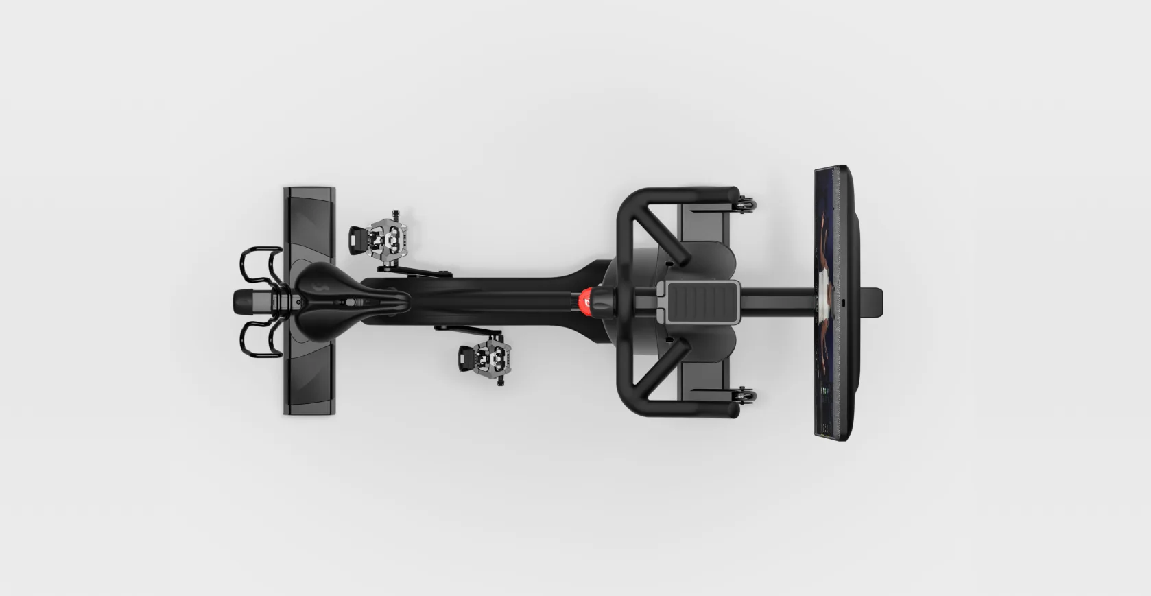 Top-down view of the Peloton Commercial Bike, showing the handlebars, seat, and touchscreen display