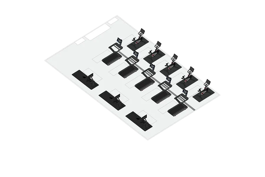 A blueprint-style layout of a gym floor with Peloton equipment in it.