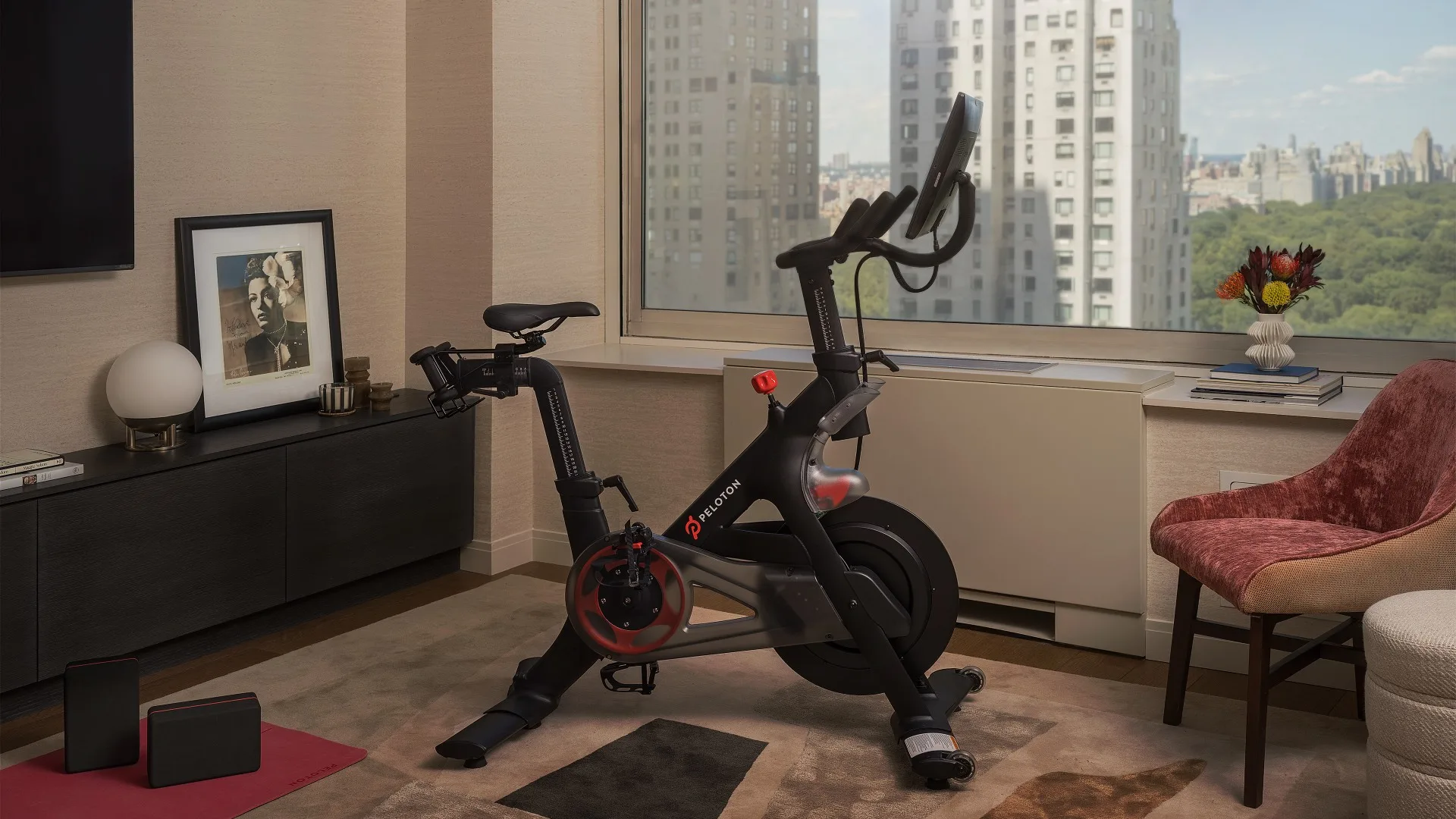 A guestroom at Thompson Hotel featuring a Peloton Bike