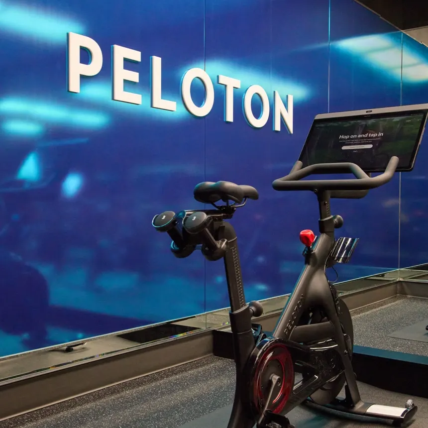 A Peloton branded gym featuring Peloton Bikes
