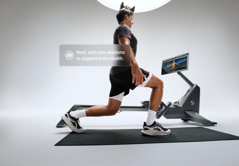 A person doing lunges and lifting a dumbell next to the Row+ Pro with an overlay on top that says, "Next, add core sessions to support bone health".