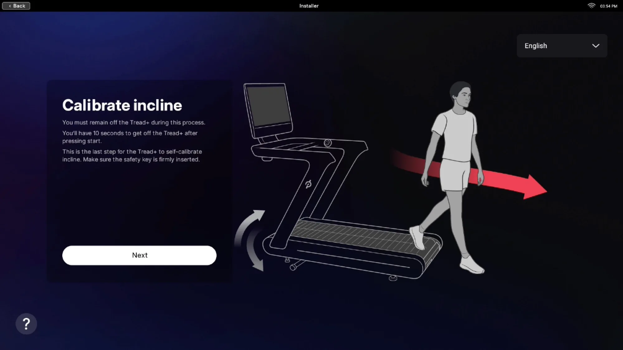 A screenshot of an activation setup wizard, highlighting the incline calibration step.