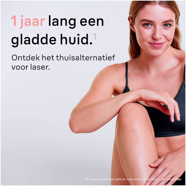 Foto van de huid van een vrouw in zittende houding na gebruik van Braun IPL Mini Foto van de huid van een vrouw in zittende houding na gebruik van Braun IPL Mini