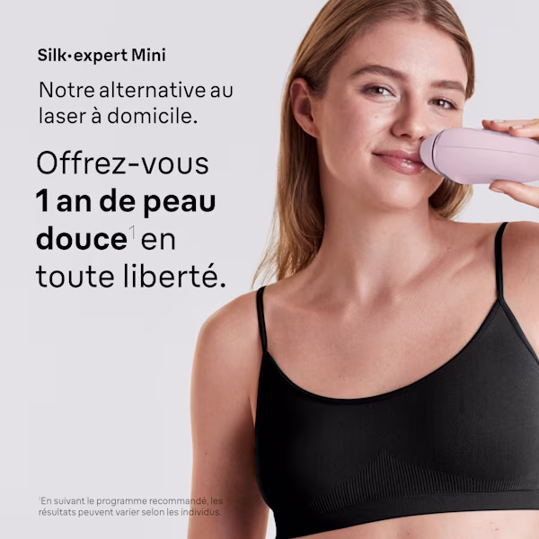 Photo d’une femme utilisant le Braun Silk·expert Mini sur sa lèvre supérieure. Photo d’une femme utilisant le Braun Silk·expert Mini sur sa lèvre supérieure.