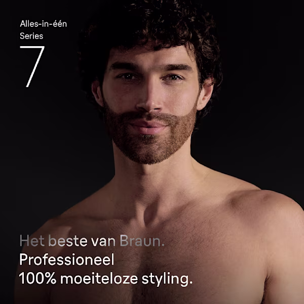 Jonge shirtloze man met baard na gebruik van de Braun alles-in-één trimmerset Series 7