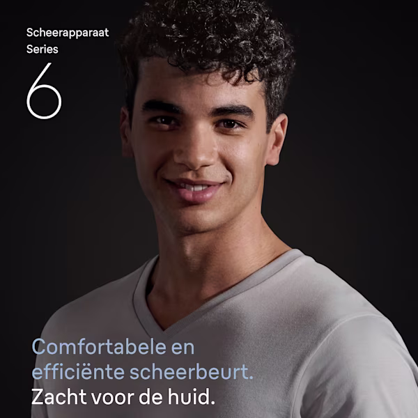 Een lachende man met een geschoren gezicht. Tekst zegt: Comfortabele en efficiënte scheerbeurt. Een lachende man met een geschoren gezicht. Tekst zegt: Comfortabele en efficiënte scheerbeurt.
