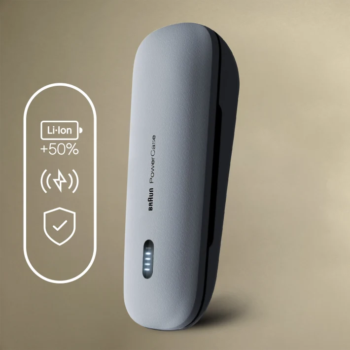 Le Power Case, premier étui de recharge de rasoir au monde, mobile et compatible avec les rasoirs électriques Series 9 et 8 de Braun.