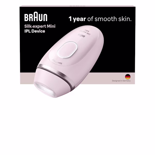Braun Silk·expert Mini Rose avec emballage vu de face et rendu arrière sur fond blanc. Braun Silk·expert Mini Rose avec emballage vu de face et rendu arrière sur fond blanc.
