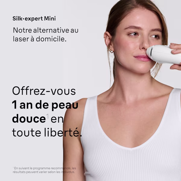 Photo d’une femme utilisant le Braun Silk·expert Mini sur sa lèvre supérieure. Photo d’une femme utilisant le Braun Silk·expert Mini sur sa lèvre supérieure.