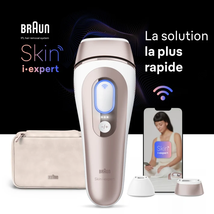 Épilateur à lumière pulsée au centre, derrière lui une pochette, un appareil mobile avec l'application Skin i·expert  et deux accessoires